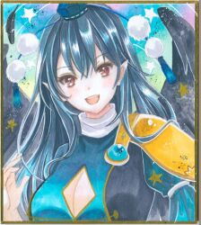 Rule 34 | 1girl, :d, adapted costume, armor, bird wings, blue dress, blue hair, blush, cleavage cutout, clothing cutout, commentary request, dark blue hair, dress, feathered wings, gold trim, hajike akira, hand up, hat, highres, iizunamaru megumu, long hair, looking at viewer, open mouth, pauldrons, pointy ears, pom pom (clothes), red eyes, shoulder armor, single pauldron, smile, solo, star (symbol), tokin hat, touhou, traditional media, wings
