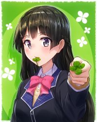 Rule 34 | 1girl, black hair, black jacket, blazer, blush, bow, bowtie, braid, breasts, closed mouth, clover, collared shirt, commentary request, dress shirt, fingernails, four-leaf clover, green background, hair ornament, hairclip, hand up, highres, holding, jacket, long hair, looking at viewer, medium breasts, mikomiko (mikomikosu), mouth hold, nijisanji, pink bow, pink bowtie, purple eyes, school uniform, shirt, solo, sweater, tsukino mito, tsukino mito (1st costume), very long hair, virtual youtuber, white shirt