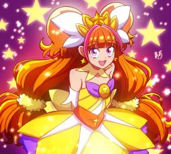 Rule 34 | 1girl, amanogawa kirara, arms behind back, artist name, back bow, big hair, blunt bangs, bow, brooch, commentary, cowboy shot, cure twinkle, detached collar, detached sleeves, dress, earrings, go! princess precure, hair ornament, hair scrunchie, jewelry, light particles, long hair, looking at viewer, low-tied long hair, magical girl, multicolored hair, open mouth, orange hair, precure, purple eyes, red hair, scrunchie, short dress, signature, smile, solo, standing, star (symbol), star earrings, star hair ornament, strapless, strapless dress, tiara, twintails, two-tone hair, two side up, yellow bow, yellow collar, yellow dress, yellow scrunchie, zerolay