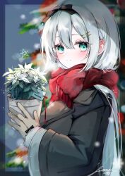 Rule 34 | 1girl, absurdres, bad id, bad twitter id, black ribbon, blurry, blurry background, blush, bokeh, border, breath, brown coat, brown gloves, christmas tree, coat, commentary request, depth of field, enpera, flower pot, from side, fur-trimmed sleeves, fur trim, gloves, hair between eyes, hair ornament, hair ribbon, hairclip, highres, holding, holding flower pot, long hair, looking at viewer, merry christmas, original, outside border, pixelated, plant, potted plant, red scarf, ribbon, scarf, sidelocks, signature, smile, snowflakes, solo, star (symbol), syana alice, transparent border, white hair