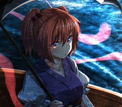 Rule 34 | 1girl, absurdres, blue kimono, boat, collarbone, hair between eyes, hair bobbles, hair ornament, highres, hitodama, holding, holding scythe, huge filesize, japanese clothes, kakutasu (akihiron cactus), kimono, light blush, looking ahead, night, onozuka komachi, outdoors, parted lips, puffy short sleeves, puffy sleeves, red eyes, red hair, scythe, short hair, short sleeves, solo, touhou, triangle mouth, two side up, upper body, water, watercraft