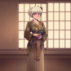Rule 34 | 1girl, absurdres, antenna hair, blonde hair, blue eyes, camouflage, closed mouth, gun, hair between eyes, hair ornament, handgun, highres, holding, holding gun, holding weapon, indoors, japanese clothes, kimono, lipstick, long sleeves, looking at viewer, makeup, mp-443 grach, original, pdw-caliber pistol, pistol, solo, weapon, willy pete