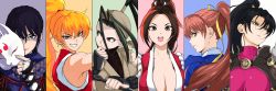 Rule 34 | 6+girls, black hair, blonde hair, breasts, brown eyes, brown hair, capcom, cleavage, dead or alive, fatal fury, female focus, final fight, genryuusai maki, highres, ibuki (street fighter), kasumi (doa), kunai, kunimitsu ii, kunoichi, large breasts, long hair, looking at viewer, looking back, looking to the side, mask, multiple girls, namco, ninja, open mouth, ponytail, shiranui mai, smile, snk, soul calibur, street fighter, taki (soulcalibur), tecmo, tekken, tekken 7, the king of fighters, trait connection, weapon