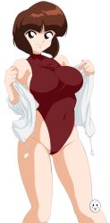 Rule 34 | 1girl, absurdres, alternate breast size, bare legs, breasts, brown eyes, brown hair, brown one-piece swimsuit, caisama, casual one-piece swimsuit, curvy, highleg, highleg swimsuit, highres, large breasts, looking at viewer, one-piece swimsuit, ranma 1/2, short hair, signature, smile, solo, swimsuit, tendou nabiki