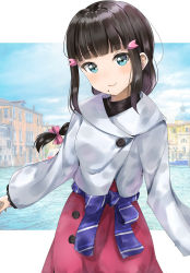 Rule 34 | 10s, 1girl, blue bow, blue sky, blunt bangs, blush, boat, bow, brown hair, building, closed mouth, cloud, cloudy sky, commentary request, day, green eyes, hair bow, hair ornament, hairclip, head tilt, highres, jacket, kurosawa dia, long hair, long sleeves, love live!, love live! school idol festival, love live! sunshine!!, mole, mole under mouth, pink bow, red skirt, sin (sin52y), skirt, sky, smile, solo, standing, very long hair, water, watercraft, white jacket, wide sleeves