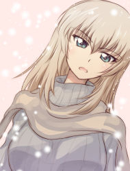 Rule 34 | 10s, 1girl, blue eyes, casual, girls und panzer, itsumi erika, long hair, looking at viewer, nakasawa kei, parted lips, portrait, scarf, silver hair, snow, solo, sweater, turtleneck