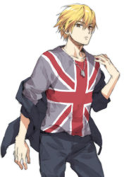 Rule 34 | 1boy, blonde hair, collarbone, commentary request, flag print, jacket, jacket partially removed, jewelry, kise ryouta, kuroko no basuke, looking at viewer, male focus, necklace, shirt, short hair, simple background, solo, torisu, union jack, white background, yellow eyes
