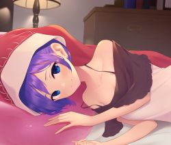 Rule 34 | 1girl, bare shoulders, bed, black dress, blue eyes, book, chest of drawers, closed mouth, doremy sweet, dress, hat, highres, kanpa (campagne 9), lamp, light, looking at viewer, lying, off shoulder, pillow, purple hair, red hat, shadow, short hair, sleeveless, smile, solo, touhou, wall, white dress