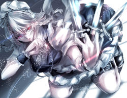 Rule 34 | 1girl, :|, apron, blush, braid, breasts, closed mouth, commentary, dress, english commentary, expressionless, frilled dress, frills, glowing, glowing eyes, green ribbon, hair between eyes, hair ribbon, holding, holding knife, izayoi sakuya, jan (lightdragoon), knife, looking to the side, maid, maid apron, maid headdress, pocket watch, puffy short sleeves, puffy sleeves, red eyes, ribbon, short hair, short sleeves, silver hair, simple background, small breasts, smile, solo, touhou, tress ribbon, twin braids, watch, white background, wrist cuffs
