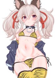 Rule 34 | 1girl, animal print, bikini, blush, collar, commentary request, earrings, flat chest, grey hair, hair between eyes, highres, jewelry, looking at viewer, makabe gorou, mole, mole under eye, navel, navel piercing, off shoulder, original, piercing, purple eyes, simple background, solo, sweatdrop, swimsuit, thick eyebrows, thighhighs, tiger print, white background