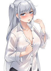 Rule 34 | 1girl, absurdres, black skirt, blue eyes, blush, breasts, buttons, cleavage, collared shirt, fuyutsuki (kancolle), grey hair, highres, kantai collection, kiritto, large breasts, long hair, long sleeves, one side up, open mouth, shirt, simple background, skirt, solo, sweat, upper body, wet, wet clothes, wet shirt, white background, white shirt