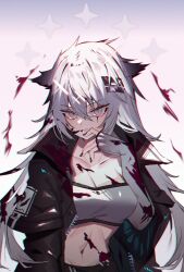 Rule 34 | :d, animal ears, arknights, bandeau, black coat, black nails, breasts, cleavage, coat, collarbone, finger to mouth, fingerless gloves, gloves, grey eyes, grey gloves, grey hair, hair ornament, hairclip, highres, lappland (arknights), long hair, nail polish, navel, open clothes, open coat, open mouth, scar, scar across eye, scar on face, smile, soukou makura, star (symbol), starry background, strapless, tube top, wolf ears, wolf girl