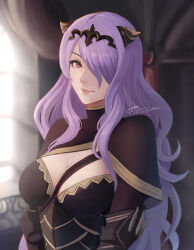Rule 34 | 1girl, black capelet, breasts, camilla (fire emblem), capelet, circlet, cleavage, closed mouth, cm lynarc, commentary, fire emblem, fire emblem fates, hair over one eye, highres, indoors, large breasts, long hair, looking at viewer, nintendo, purple hair, red eyes, revision, signature, smile, solo, upper body, very long hair
