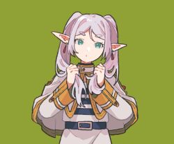 Rule 34 | 1girl, belt, belt buckle, black belt, buckle, capelet, commentary, dot mouth, dot nose, dou (mame eee), earrings, elf, frieren, gem, gold trim, green background, green eyes, high collar, highres, holding, holding hair, jewelry, long hair, parted bangs, pointy ears, red gemstone, shirt, simple background, sousou no frieren, standing, striped clothes, striped shirt, twintails, white capelet, white hair