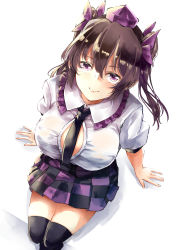 Rule 34 | 1girl, arm support, between breasts, black necktie, black thighhighs, blouse, breasts, brown hair, checkered clothes, checkered skirt, cleavage, collared shirt, commentary request, deetamu, eyebrows hidden by hair, frilled shirt, frills, from above, hair between eyes, hair ribbon, hat, highres, himekaidou hatate, large breasts, legs together, long hair, looking at viewer, miniskirt, necktie, necktie between breasts, open clothes, open shirt, puffy short sleeves, puffy sleeves, purple eyes, purple hat, ribbon, shirt, short sleeves, simple background, sitting, skirt, smile, solo, thighhighs, thighs, touhou, twintails, unbuttoned, white background, white shirt