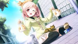 Rule 34 | 1girl, ;d, animal, animal on head, animal on lap, black thighhighs, blush, can, cat, cat on head, cat on lap, flower, game cg, hair flower, hair ornament, kantoku, on head, on lap, one eye closed, open mouth, pet food, pink hair, short hair, skirt, smile, solo, thighhighs, your diary, yua (your diary)
