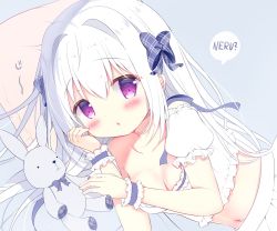 Rule 34 | 1girl, azumi kazuki, bare shoulders, blue bow, blush, bow, collarbone, commentary request, crop top, grey background, hair between eyes, hair bow, hair intakes, hands up, highres, long hair, looking at viewer, midriff, navel, original, parted lips, pillow, pleated skirt, puffy short sleeves, puffy sleeves, purple eyes, romaji text, short sleeves, simple background, skirt, solo, stuffed animal, stuffed rabbit, stuffed toy, upper body, very long hair, white hair, white skirt, wrist cuffs
