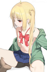 Rule 34 | 1girl, ahoge, blonde hair, bocchi the rock!, bow, bowtie, breasts, cleft of venus, green jacket, ijichi nijika, jacket, nipples, pussy, red eyes, scrunchie, side ponytail, sitting, small breasts, solo focus, tagme, thigh grab