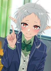 1girl absurdres anju_(artist) blue_jacket bow cardigan classroom closed_mouth elf green_bow green_shirt grey_cardigan grey_hair highres index_finger_raised indoors jacket looking_at_viewer mushoku_tensei orange_eyes pointy_ears school_uniform shirt short_hair smile solo sylphiette_(mushoku_tensei) window