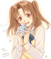 Rule 34 | 1girl, :d, blue flower, blue ribbon, bouquet, brown eyes, brown hair, dated, flower, happy birthday, head tilt, holding, holding bouquet, kannuki hisui, long hair, long sleeves, looking at viewer, neck ribbon, open mouth, ribbon, school uniform, shirt, simple background, smile, solo, tsukihime, twintails, two side up, upper body, vest, white background, white shirt, yellow vest, yumizuka satsuki