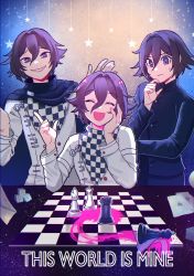 Rule 34 | 3boys, :d, bishop (chess), black cape, black jacket, blood, cape, card, cele (310v3), checkered clothes, checkered floor, checkered scarf, chess piece, commentary, danganronpa (series), danganronpa v3: killing harmony, dice, english commentary, english text, facing viewer, grin, hair between eyes, hand on own cheek, hand on own face, hand up, hands up, highres, jacket, king (chess), male focus, multiple boys, multiple persona, official alternate costume, open mouth, oma kokichi, pink blood, playing card, purple eyes, purple hair, queen (chess), rook (chess), scarf, sitting, smile, sweatdrop, thinking