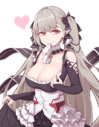 Rule 34 | 1girl, :&gt;, azur lane, bare shoulders, black dress, breasts, cleavage, commentary request, dress, formidable (azur lane), frilled dress, frills, grey hair, heart, highres, in mouth, large breasts, ling huanxiang, long hair, long sleeves, looking at viewer, necktie, red eyes, ribbon, simple background, solo, twintails, very long hair, white background, white dress, white necktie