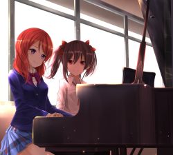 Rule 34 | 10s, 2girls, black hair, blue skirt, bow, closed mouth, highres, instrument, long sleeves, love live!, love live! school idol project, multiple girls, music, nishikino maki, orein, piano, playing instrument, playing piano, pleated skirt, purple eyes, red bow, red eyes, red hair, school uniform, short hair, sitting, skirt, twintails, yazawa nico