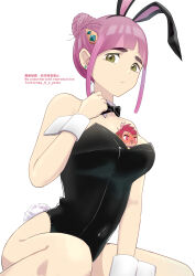 Rule 34 | 1boy, 1girl, absurdres, alternate costume, animal ears, arched bangs, black leotard, blush, breasts, clenched hand, closed mouth, commentary request, creatures (company), crispin (pokemon), detached collar, earrings, full-face blush, game freak, green eyes, hair bun, hair ornament, hairclip, hand up, highres, jewelry, lacey (pokemon), leotard, looking down, mini person, miniboy, nintendo, p 0 a, playboy bunny, pokemon, pokemon sv, purple hair, rabbit ears, rabbit tail, sidelocks, sitting, tail, white background, wrist cuffs