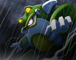 Rule 34 | 1boy, cloud, commentary, covered mouth, dark clouds, english commentary, frog, gloves, imbisibol, male focus, mega man (classic), mega man (series), mega man 4, no humans, non-humanoid robot, outdoors, rain, red eyes, robot, robot animal, solo, toad man, wet, white gloves
