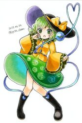 Rule 34 | 1girl, black footwear, black hat, boots, bow, bright pupils, buttons, collared shirt, diamond button, eyeball, floral print, frilled shirt collar, frilled skirt, frilled sleeves, frills, full body, green eyes, green hair, green skirt, hat, hat bow, hat ribbon, heart, heart-shaped pupils, heart of string, komeiji koishi, long sleeves, looking at viewer, medium hair, one-hour drawing challenge, open mouth, proton, ribbon, rose print, shirt, simple background, skirt, sleeves past wrists, solo, standing, symbol-shaped pupils, third eye, touhou, white background, wide sleeves, yellow bow, yellow ribbon, yellow shirt