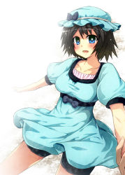 Rule 34 | 1girl, bike shorts, black hair, blue eyes, bow, breasts, collarbone, cropped legs, dress, female focus, hat, holding hands, large breasts, looking at viewer, open mouth, perspective, puffy short sleeves, puffy sleeves, shiina mayuri, shirt, short hair, short sleeves, shorts, shorts under dress, shorts under skirt, smile, solo, steins;gate, taut clothes, taut shirt, tekehiro