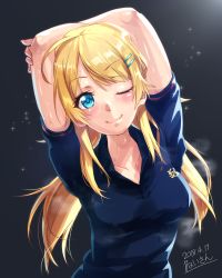 Rule 34 | 1girl, arms up, bad id, bad pixiv id, black shirt, blonde hair, blue eyes, blush, breasts, buttons, closed mouth, collarbone, collared shirt, covered erect nipples, dated, fingernails, hachimiya meguru, hair ornament, hairclip, head tilt, hero neisan, highres, holding own arm, idolmaster, idolmaster shiny colors, long hair, looking at viewer, low twintails, medium breasts, parted bangs, shiny skin, shirt, short sleeves, sidelocks, signature, simple background, smile, solo, sparkle, stain, steam, sweat, sweat stain, twintails, upper body, wing collar