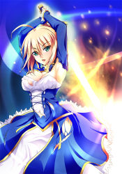 Rule 34 | 1girl, ahoge, artoria pendragon (fate), blonde hair, breasts, cleavage, dress, excalibur (fate/stay night), fate/stay night, fate (series), glowing, glowing sword, glowing weapon, green eyes, hair ribbon, large breasts, ribbon, saber (fate), shinohara yuuji, solo, sword, torn clothes, weapon