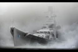 Rule 34 | battleship, cannon, fog, germany, highres, kriegsmarine, letterboxed, military, military vehicle, no humans, ocean, original, outdoors, real life, scharnhorst, ship, shiro yukimichi, turret, vehicle focus, warship, watercraft, world war ii