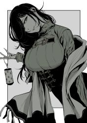 Rule 34 | 1girl, absurdres, black hair, border, breasts, commentary, corset, cowboy shot, dutch angle, grey background, hair ornament, hair over one eye, hairclip, head tilt, highres, holding, holding rattle, huge breasts, light smile, lips, long hair, long sleeves, looking at viewer, nijisanji, parted lips, rattle, red eyes, shawl, shirayuki tomoe, simple background, smile, solo, standing, sweater, tomomi (tadaresan), turtleneck, turtleneck sweater, underbust, virtual youtuber, white background
