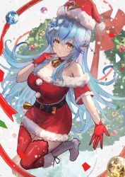 Rule 34 | 1girl, bell, belt, black belt, blue hair, boots, bracelet, breasts, choker, christmas, commentary request, dress, elf, fur-trimmed dress, fur trim, gloves, hair between eyes, half updo, hand up, hat, highres, hololive, jewelry, knee boots, large breasts, long hair, looking at viewer, multicolored hair, neck bell, off shoulder, parted lips, pointy ears, red choker, red dress, red gloves, red thighhighs, santa costume, santa hat, short sleeves, solo, streaked hair, thighhighs, very long hair, virtual youtuber, white footwear, xyunx, yellow eyes, yukihana lamy