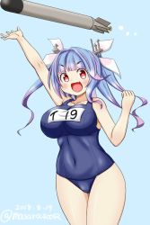 Rule 34 | 1girl, blue hair, breasts, covered navel, dated, fang, hair ribbon, i-19 (kancolle), kantai collection, large breasts, long hair, masara (chuujou), name tag, one-piece swimsuit, open mouth, red eyes, ribbon, school swimsuit, smile, solo, star-shaped pupils, star (symbol), swimsuit, symbol-shaped pupils, torpedo, tri tails, twitter username