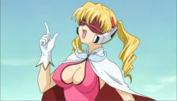 Rule 34 | 00s, 1girl, blonde hair, breasts, cape, cleavage, cleavage cutout, clothing cutout, cloud, cloudy sky, dress, drill hair, gloves, kirameki project, large breasts, lipstick, long hair, makeup, nene (kirameki project), one eye closed, pink dress, sky, solo, tagme, twintails, white cape, white gloves