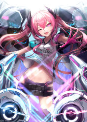 Rule 34 | 1girl, belt, gloves, grace (sound voltex), hair ornament, highres, hip vent, kie (yospcd), long hair, navel, open mouth, pink eyes, pink hair, shirt, solo, sound voltex, stomach, t-shirt, tagme, thighs, twintails