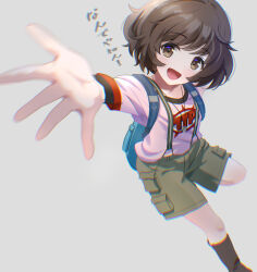 Rule 34 | 1girl, akiyama yukari, backpack, bag, black socks, blackminolith (2ne), blurry, blurry foreground, brown eyes, brown hair, brown shorts, cargo shorts, casual, clothes writing, commentary, depth of field, dog tags, girls und panzer, grey background, highres, looking at viewer, messy hair, open mouth, pink shirt, reaching, reaching towards viewer, shirt, short hair, short sleeves, shorts, simple background, smile, socks, solo, standing, standing on one leg, suspender shorts, suspenders, t-shirt