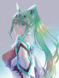 Rule 34 | 1girl, absurdres, breasts, earrings, fuwamoko momen toufu, green eyes, green hair, grey background, highres, jewelry, large breasts, long hair, looking at viewer, pneuma (xenoblade), ponytail, sidelocks, smile, solo, spoilers, swept bangs, tiara, upper body, very long hair, xenoblade chronicles (series), xenoblade chronicles 2