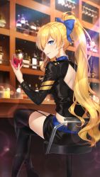Rule 34 | 1girl, alcohol, back cutout, bar (place), bar stool, belt, black shirt, black shorts, black thighhighs, blonde hair, blue bow, blue eyes, blurry, bow, breasts, choker, clothing cutout, crop top, crossed legs, cup, depth of field, drink, drinking glass, garter straps, girl cafe gun, glint, hair bow, hand up, highres, holding, holding cup, juno emmons, large breasts, lens flare, light rays, long hair, long sleeves, looking at viewer, looking back, midriff, official art, ponytail, profile, revision, rokuwata tomoe, shirt, short shorts, shorts, sidelocks, sitting, smile, solo, stool, thighhighs, thighs, thong, tongue, tongue out, very long hair