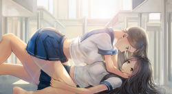 Rule 34 | 2girls, brown hair, desk, eye contact, girl on top, hands on another&#039;s face, highres, kikivi, long hair, looking at another, lying, midriff, multiple girls, on back, original, sailor collar, school uniform, skirt, sunlight, window, yuri