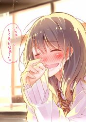 Rule 34 | 1girl, blush, brown hair, closed eyes, commentary request, hands up, heart, long sleeves, necktie, nose blush, open mouth, original, own hands together, shunsuke, solo, speech bubble, spoken heart, striped necktie, striped neckwear, translation request, upper body