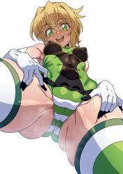 Rule 34 | 1girl, absurdres, akatsuki kirika, ass, blonde hair, blush, breasts, cameltoe, covered erect nipples, covered navel, deep skin, elbow gloves, from below, gloves, gluteal fold, grabbing own thigh, green eyes, green thighhighs, highres, impossible clothes, impossible leotard, leotard, looking at viewer, medium breasts, open mouth, senki zesshou symphogear, shiny skin, short hair, simple background, skin tight, skindentation, smile, solo, spread legs, standing, steaming body, striped clothes, striped thighhighs, sweat, syunzou, teeth, thighhighs, white background