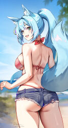Rule 34 | 1girl, absurdres, animal ear fluff, animal ears, arm up, ass, back, bare shoulders, beach, bikini, blue hair, blue shorts, blue sky, blush, breasts, butt crack, fox ears, fox tail, foxyreine, green eyes, highres, large breasts, long hair, looking at viewer, looking back, open mouth, original, pink bikini, shore, short shorts, shorts, sister reine (foxyreine), sky, smile, solo, swimsuit, tail, thighs