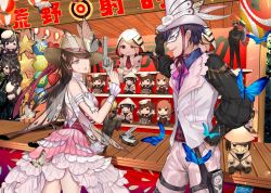 Rule 34 | 1boy, 1girl, belt, black hair, bug, butterfly, butterfly wings, character doll, collared shirt, commentary request, flower, grey eyes, gun, hat, highres, holding, holding gun, holding weapon, insect, insect wings, knives out, long hair, mask, open mouth, pants, rose, shirt, smile, standing, sweatdrop, tcb, weapon, white flower, white pants, white rose, wings