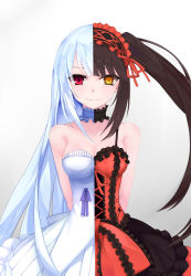 Rule 34 | 10s, 1girl, absurdres, amen, arms behind back, bad id, bad pixiv id, bare shoulders, black hair, black neckwear, breasts, choker, cleavage, clock eyes, collarbone, commentary request, contrast, corset, cowboy shot, date a live, dress, empty (date a live), eyes visible through hair, frilled dress, frilled hairband, frills, gradient background, hairband, heterochromia, highres, light smile, lolita fashion, lolita hairband, long hair, looking at viewer, medium breasts, red eyes, ribbon choker, simple background, solo, spaghetti strap, split theme, straight hair, strapless, strapless dress, swept bangs, symbol-shaped pupils, tokisaki kurumi, twintails, very long hair, white choker, white dress, white hair, yellow eyes