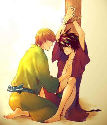 Rule 34 | 00s, 2boys, artist request, bags under eyes, barefoot, bdsm, bondage, bound, bound wrists, death note, feet, gradient background, japanese clothes, l (death note), male focus, multiple boys, open clothes, open shirt, shirt, soles, source request, toes, yagami light, yaoi