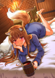 Rule 34 | 1girl, :d, absurdres, alcohol, animal ears, ass, barefoot, bed, bed sheet, beer, beer mug, blue dress, blue shirt, blunt bangs, blush, breasts, brown hair, candle, closed mouth, collarbone, cup, dress, eyelashes, fang, fingernails, food, full body, hand on own cheek, hand on own face, head rest, highres, holding, holding cup, holding food, holo, huge filesize, indoors, leg up, long dress, long hair, long sleeves, looking at viewer, lying, mug, night, on bed, on stomach, open mouth, pillow, red eyes, shirt, sidelocks, smile, soles, solo, spice and wolf, tail, wolf ears, wolf girl, wolf tail